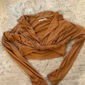 Free People Ribbed Twist-Front Long Sleeve Crop Top - Brown